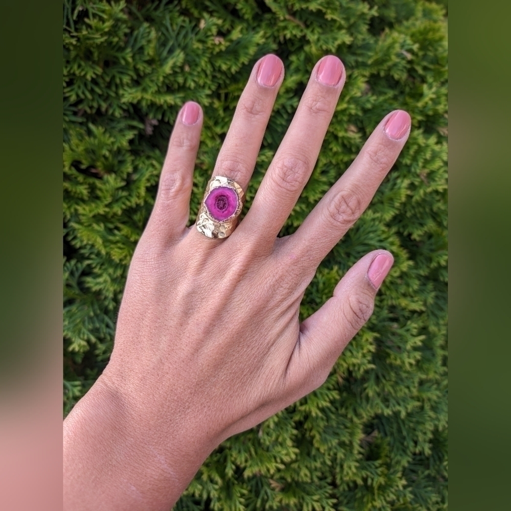 Artisan Handmade In Morocco Adjustable Pink Geode Wide Band Gold Ring Size 9.25